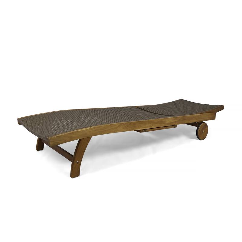 Set of 2 Outdoor Chaise Lounge with Pull-Out Tray, Acacia Wood Lounge Chair with Woven PE Wicker Seat, Adjustable Backrest