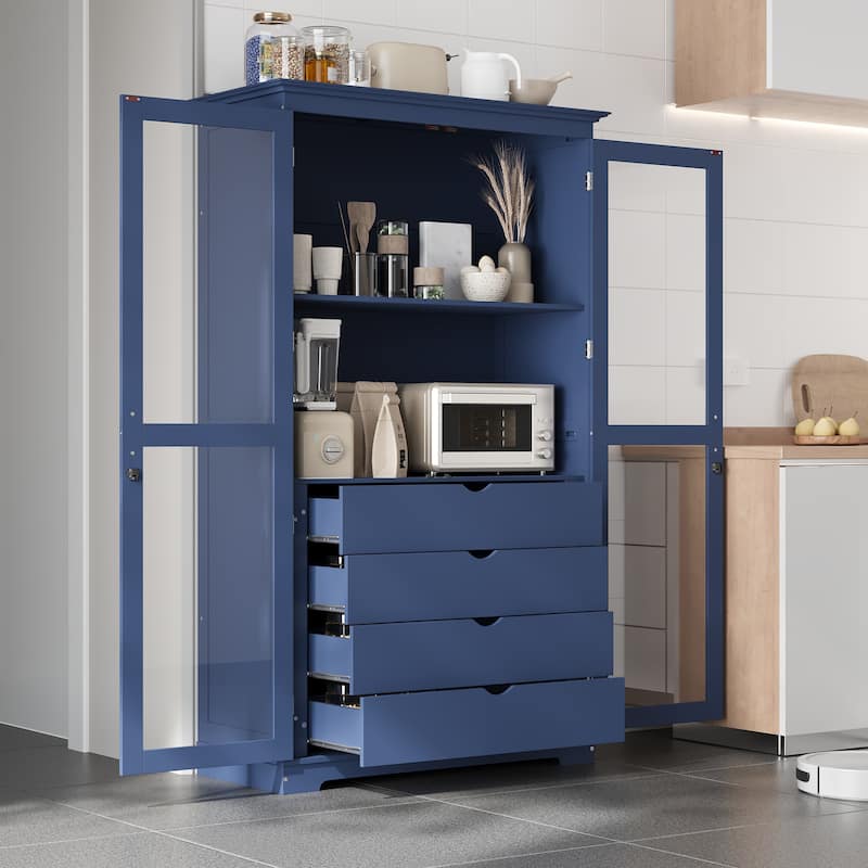44.7" Kitchen Pantry Cabinet with Glass Doors - Storage Cabinet with 4 Built-In Drawers - Display Cabinet for Living Room - Blue