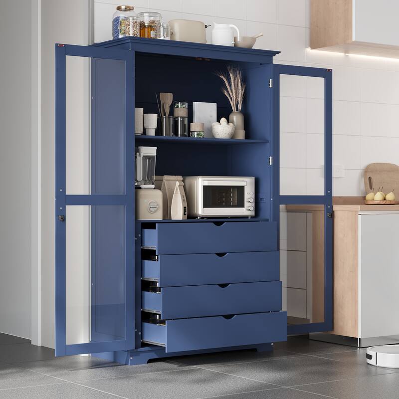 Roomfitters 75" Kitchen Pantry, Freestanding Storage Cabinet Display Cabinet with Glass Doors and 4 Drawers