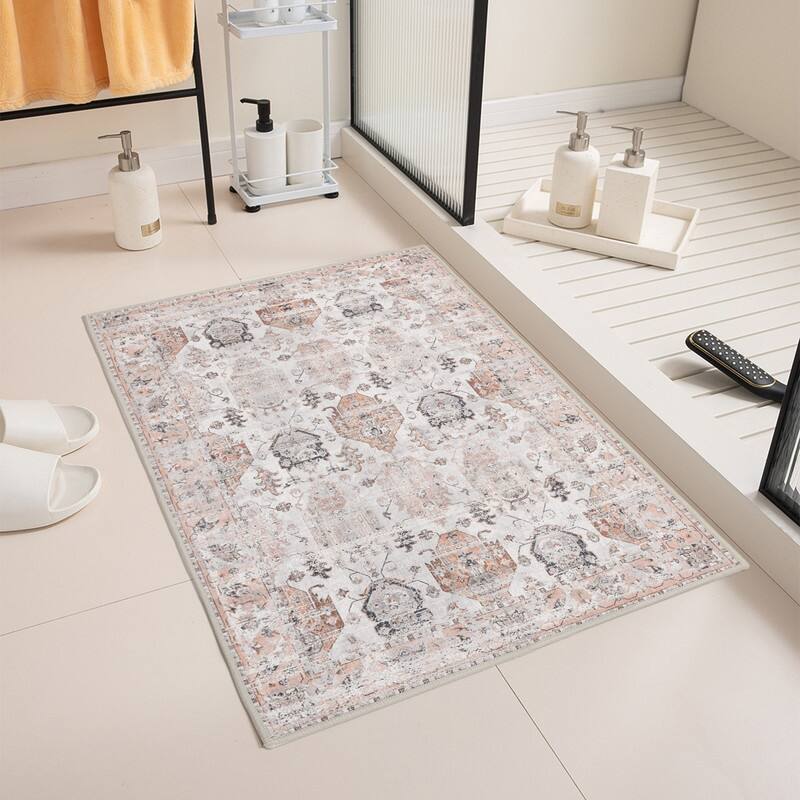 Area Rug Indoor Stain Resistant Washable Door Mat Rugs with Non-Slip Rubber Backing,Low-Pile Boho Vintage Distressed Carpet,RED - 59.06"82.68"