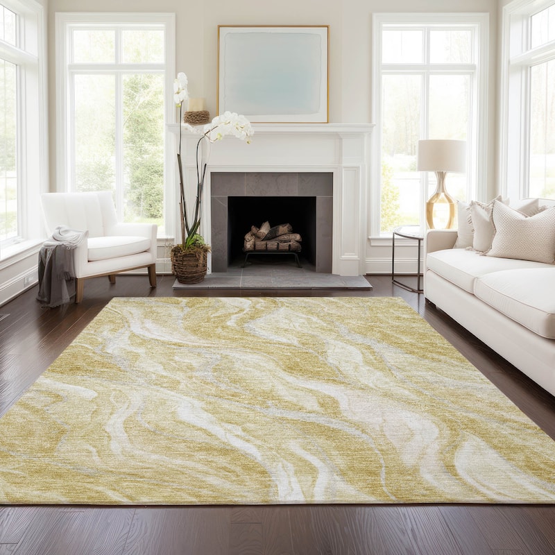 Machine Washable Indoor/ Outdoor Chantille Moden Waves Rug - Gold - 10' x 14'