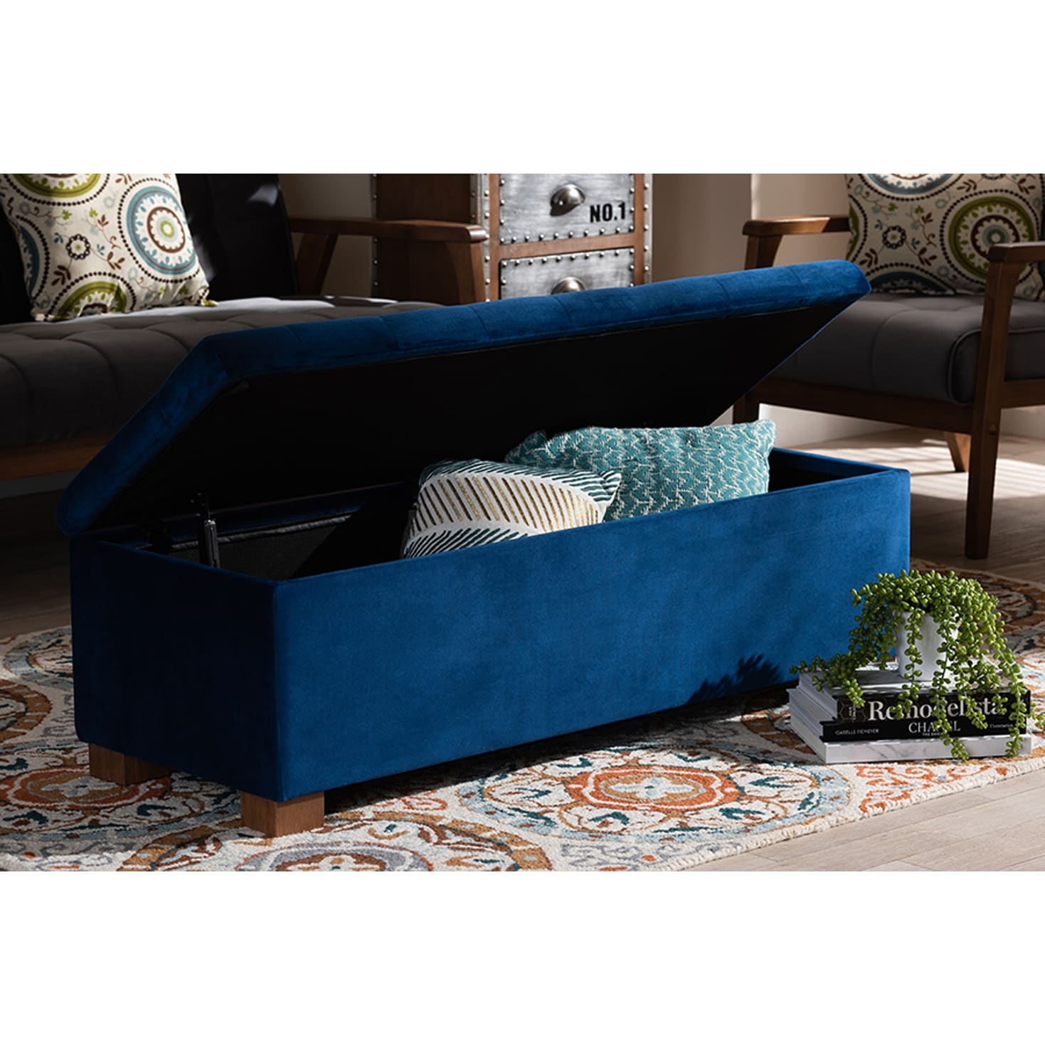 Cooper Navy Blue Velvet Fabric Grid Tufted Storage Ottoman Bench Overstock 29897754