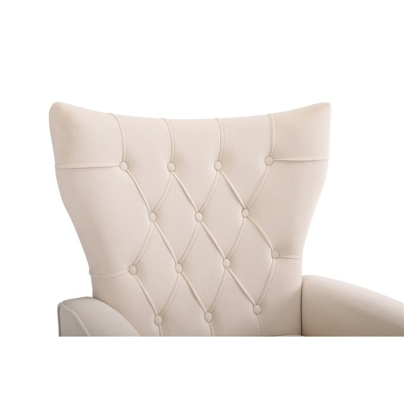 Velvet Lounge Chair Office Chair with Footrest, Minimalist Beige Reading Chair Reception Chair with Wing Backrest