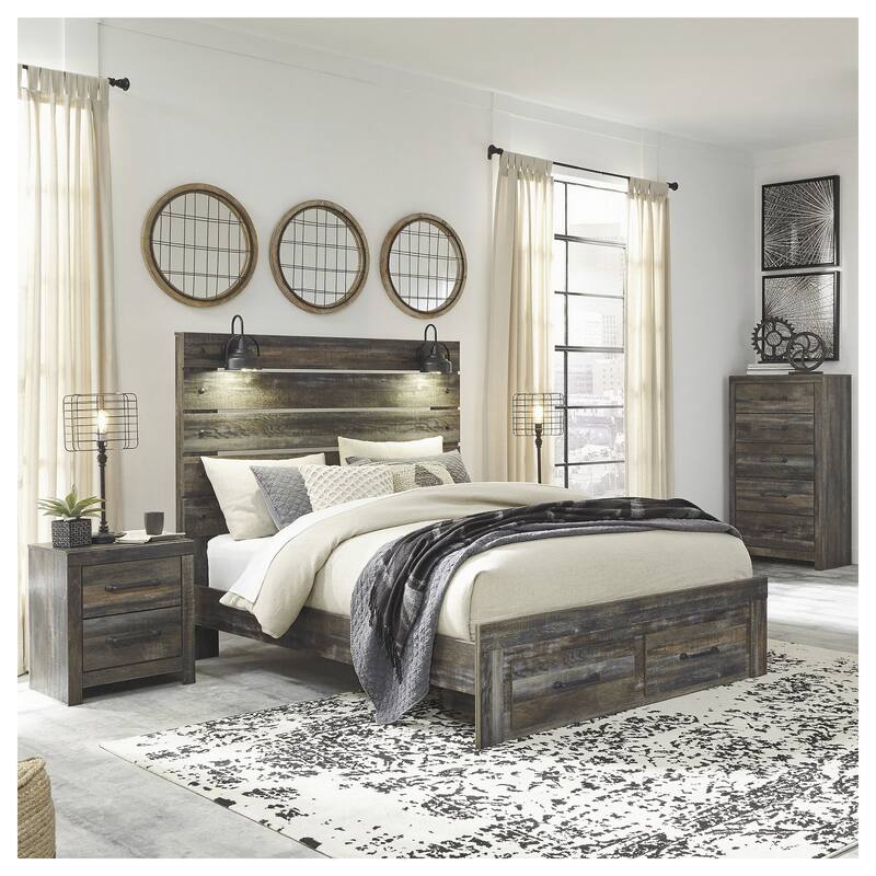 Drystan Rustic Brown Panel Bed with Footboard Storage Drawers - Queen