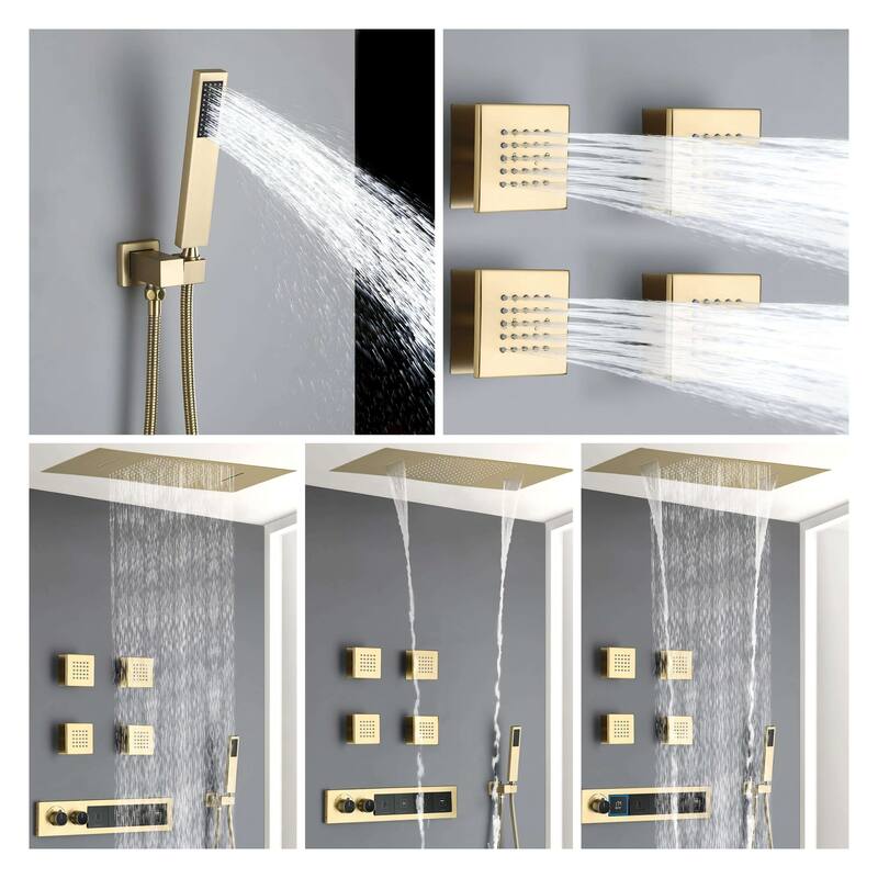 NSF Certified Square Rainfall & Waterfall Showerhead with High pressure Handheld, 4 Massage Jets, Thermostatic Cartridge