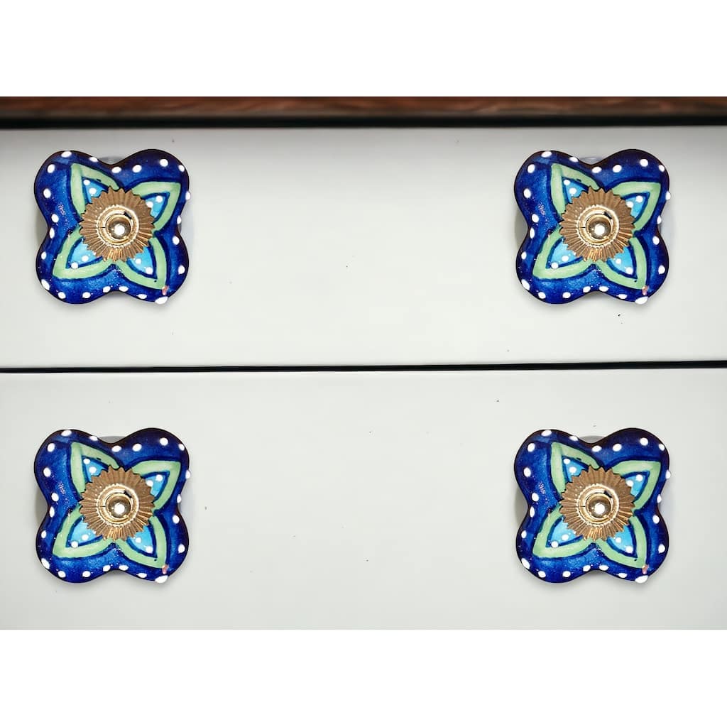 HomeRoots Set Of Eight Blue And Green Floral Ceramic Drawer Pull Knobs - 1.5" x 1.5" x 1.5"