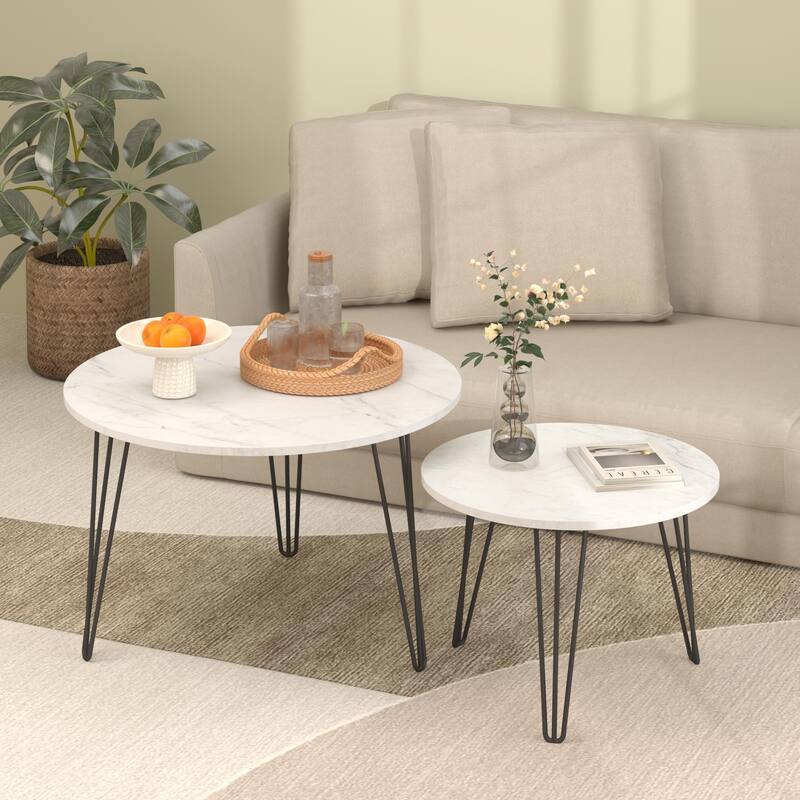 Round Nesting Table End Table White Sofa Side Table Set of 2