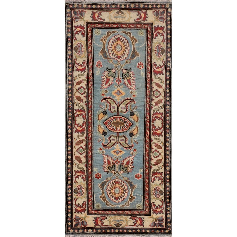 Light Blue Kazak Oriental Runner Rug Hallway Handmade Wool Carpet - 2'1" x 5'7"