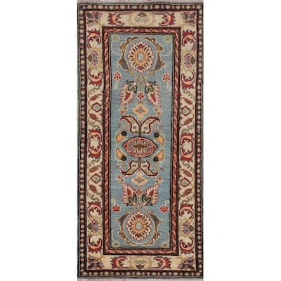 Light Blue Kazak Oriental Runner Rug Hallway Handmade Wool Carpet - 2'1" x 5'7"