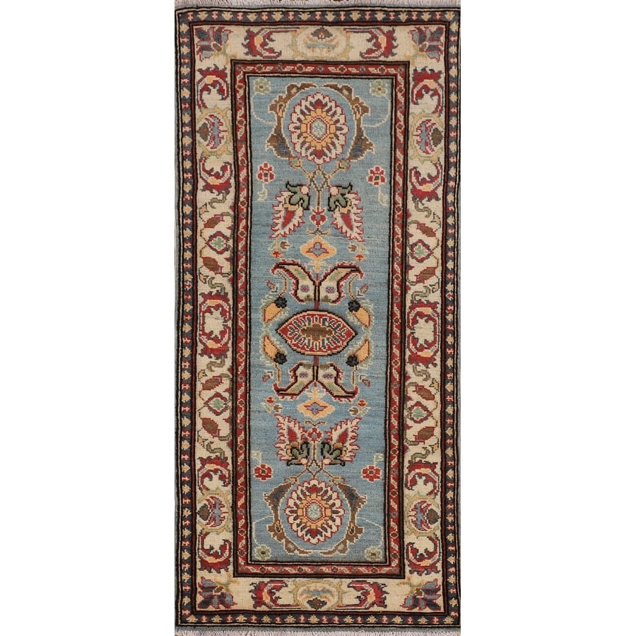 Light Blue Kazak Oriental Runner Rug Hallway Handmade Wool Carpet - 2'1" x 5'7"
