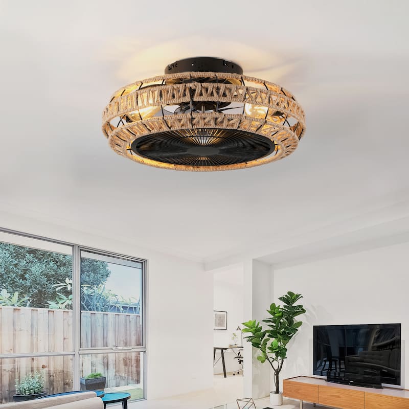 20" Caged Ceiling Fans Flush Mount,Low Profile Fabric Farmhouse Ceiling Fan with Remote Control - N/A