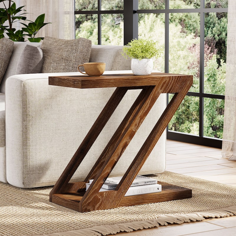 2-Tier Narrow End Table, Solid Wood Side Table