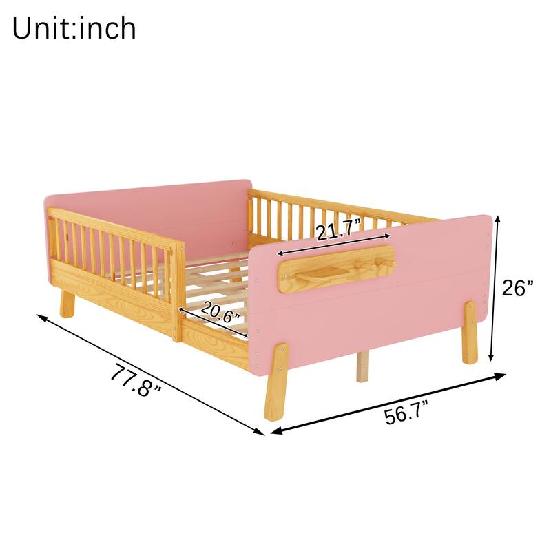 Kids Wood Platform Bed with Guardrails, Bottle Holder and 2 Hanging Rod, Convertible Toddler Daybed, Low Profile Design Frame
