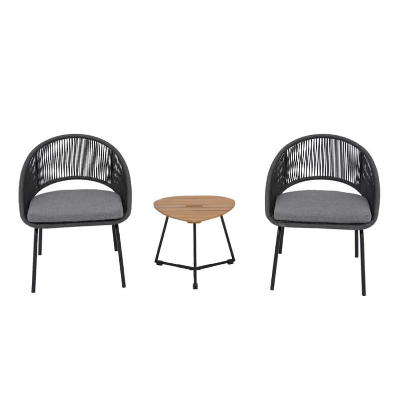 Gray Woven Rope Bistro Set-3-Piece Patio Chairs with Seat Pads - Grey