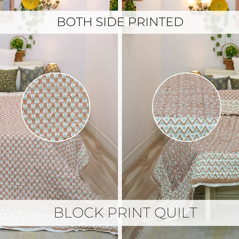 Fabdivine Green Brown Handmade Cotton Quilt Floral Traditional Block Print, Reversible Premium Bedspread, Decorative Bedding