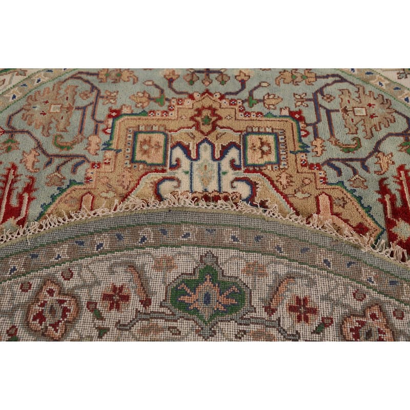 Medallion Heriz Serapi Indian Round Area Rug Hand-Knotted Wool Carpet - 7'10" x 7'10"