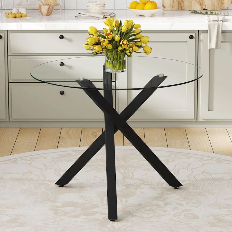 Modern minimalist glass round table: 31 inch diameter, X-shaped black metal bracket, stylish and practical - Black,Transparent