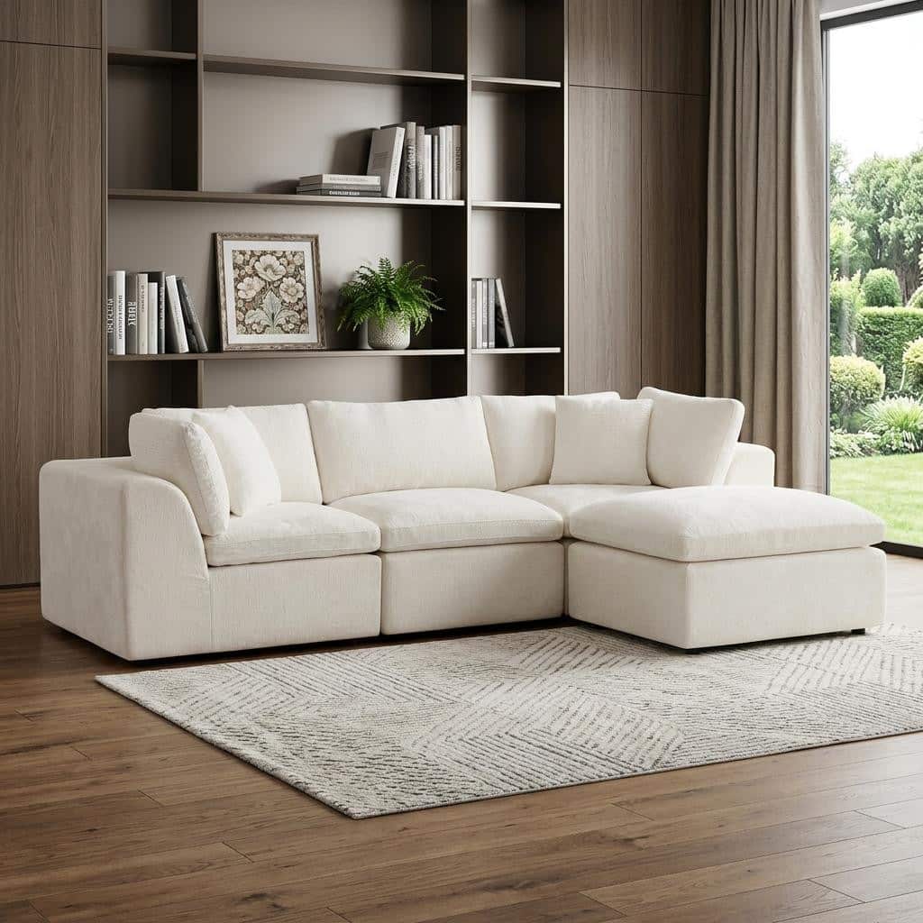HomeRoots 108" Beige Chenille Modular Sofa With Ottoman And Toss Pillows