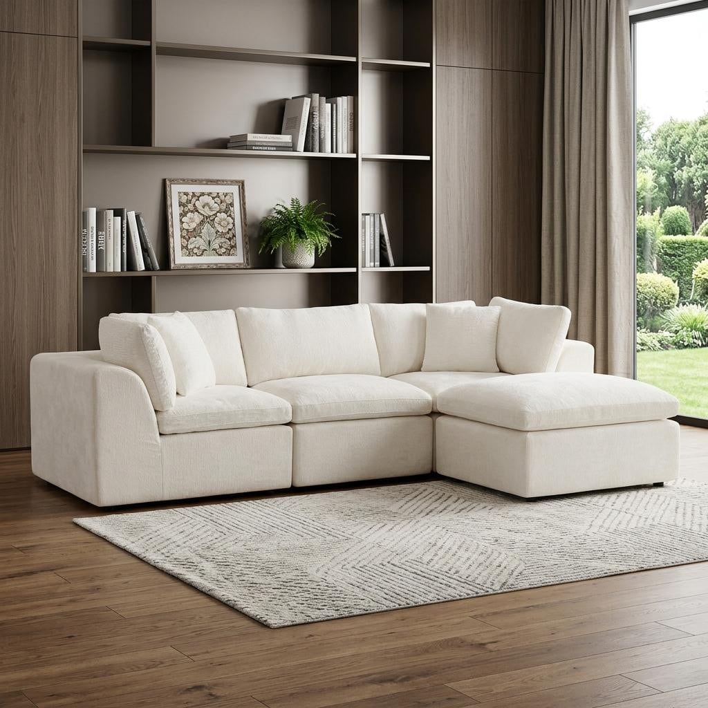 HomeRoots 108" Beige Chenille Modular Sofa With Ottoman And Toss Pillows