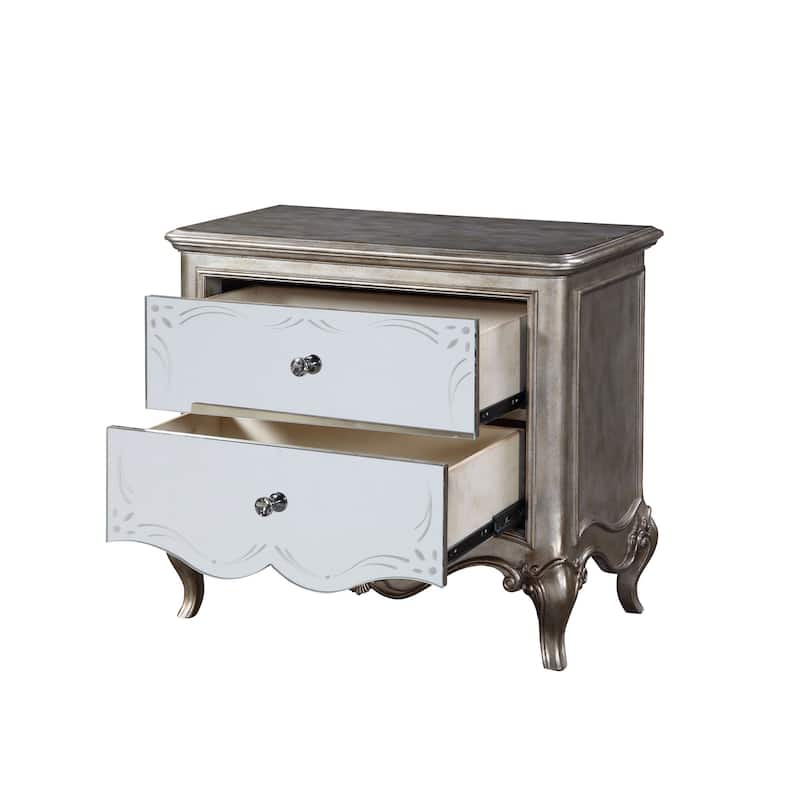 Nightstand with Mirror Front and Molded Trim, Antique Silver