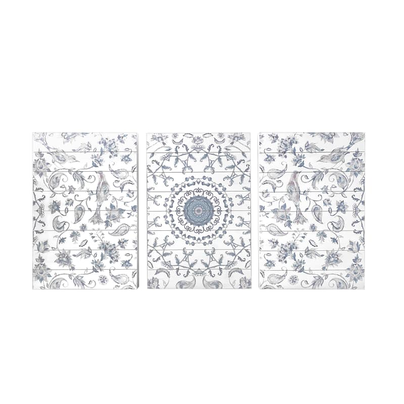 "Chinoiserie Pattern" 3 Piece Set Print on Planked Wood Wall Art