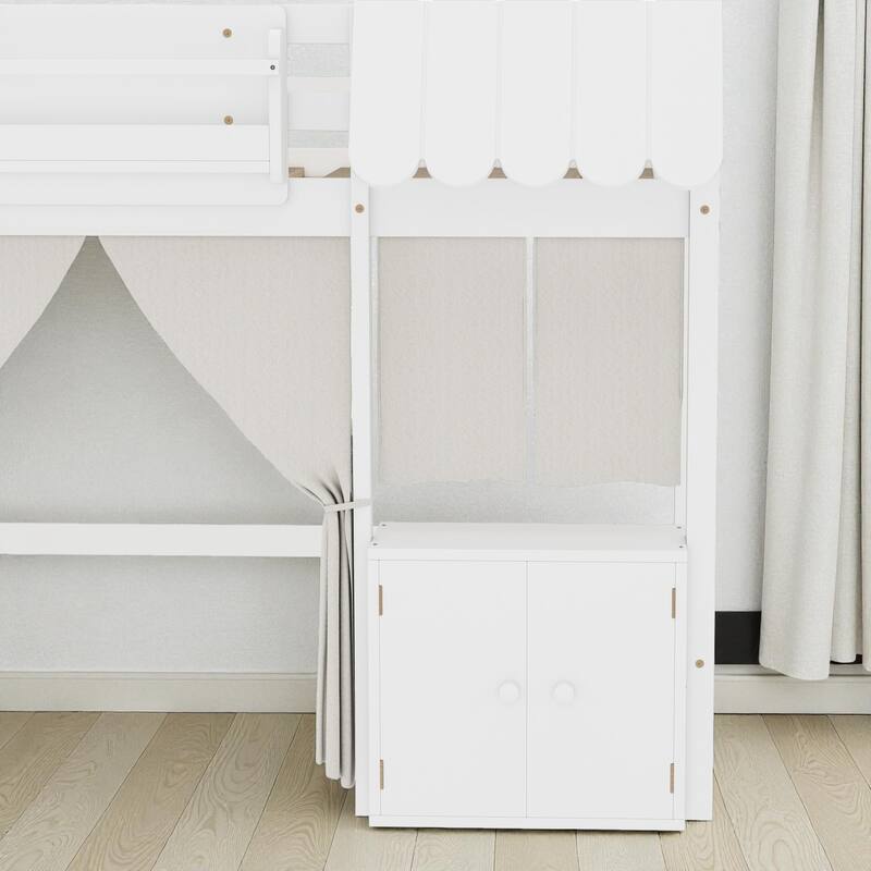 Twin/Full Loft Bed with Bookshelf, Curtain Playhouse, Storage Shelf, Cottage Roof Design and Safety Guardrails for Kids