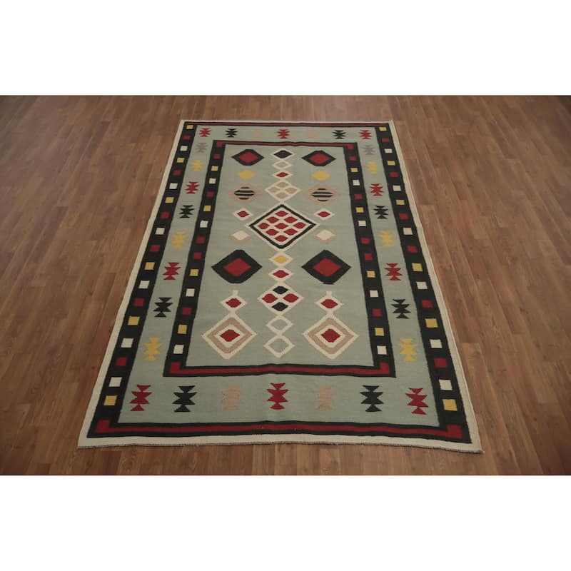 Hand Woven Oriental 100% Wool Carpet Southwestern Modern Green Kilim Area Rug - 8' 0'' X 5' 1''