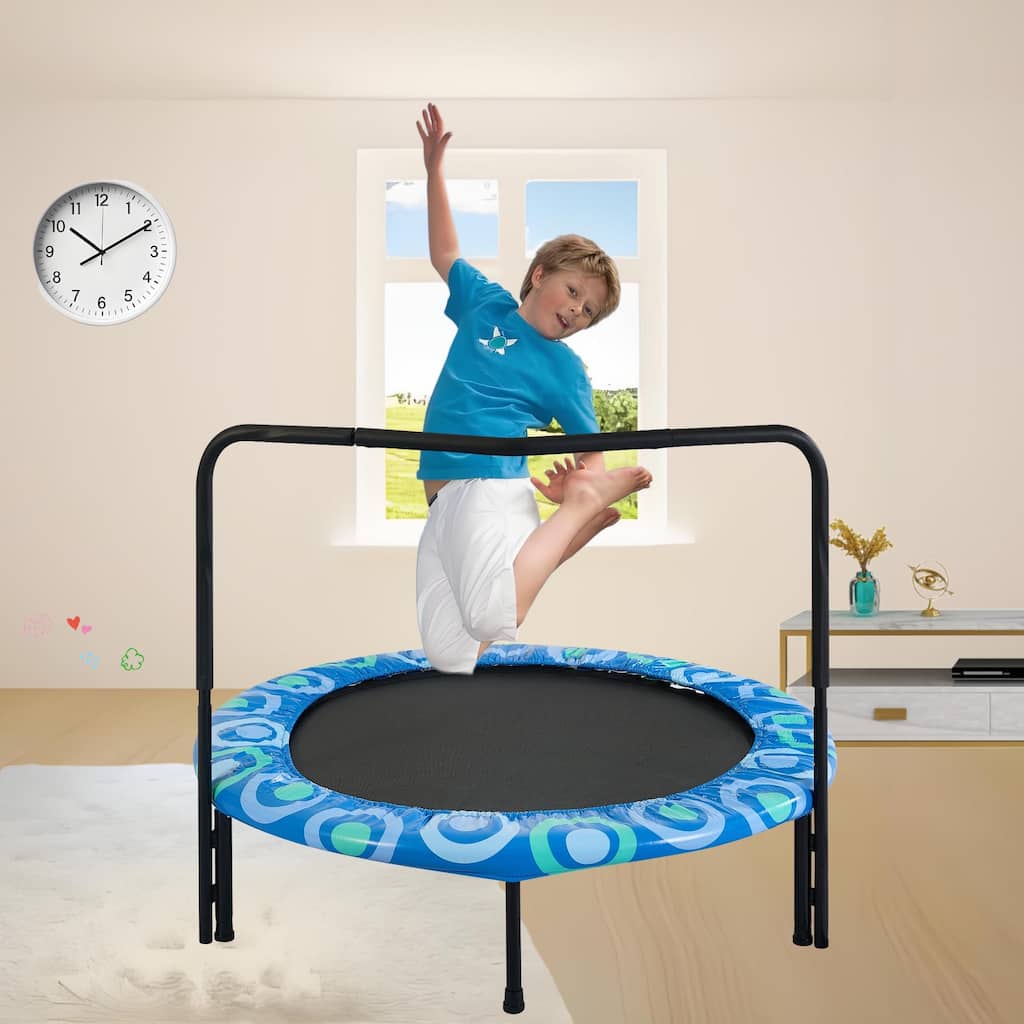 Kids Trampoline - Assembled Design, Happy Expression Theme, Indoor Outdoor Fun - Blue - 48.03