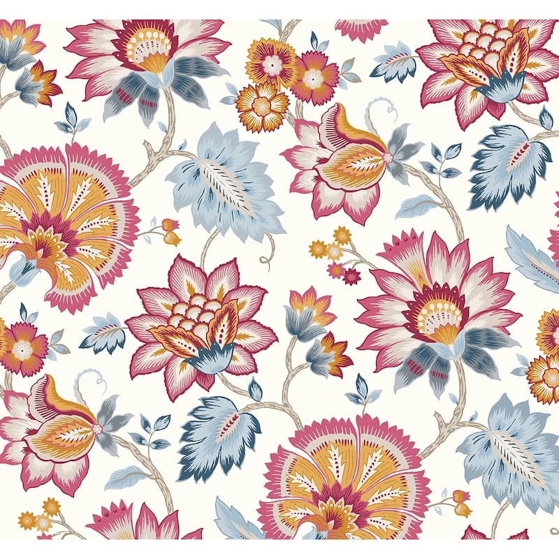 NextWall Jacobean Blossom Floral Peel and Stick Wallpaper - 27 in. W x 18 ft. L - Fandango Pink & Bluebird