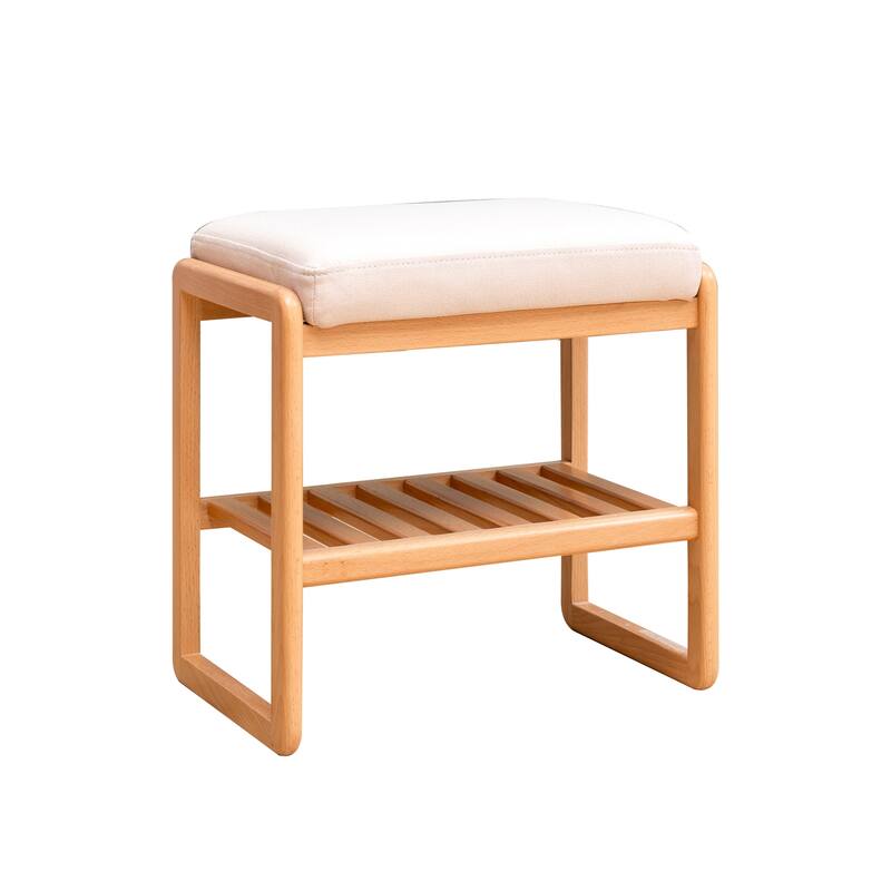 Grondin Coastal Style Solid Wood 2-Tier Shoe Bench with Cushion and Storage Rack, Entryway Storage Bench
