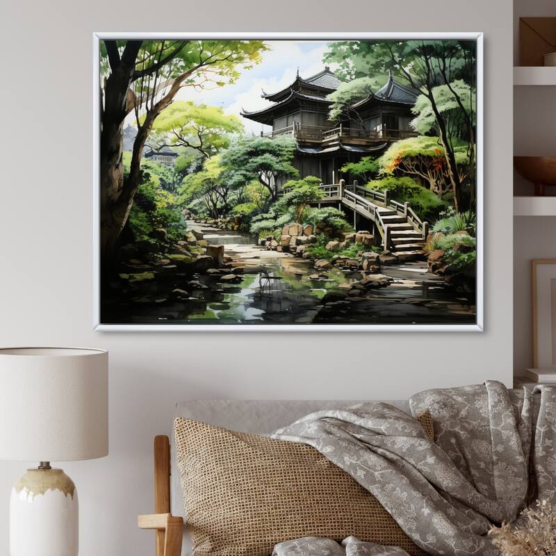 Designart "Japon Art Zen Garden Serenity I" Japanese Framed Wall Art Prints - 44 in. wide x 34 in. high - White
