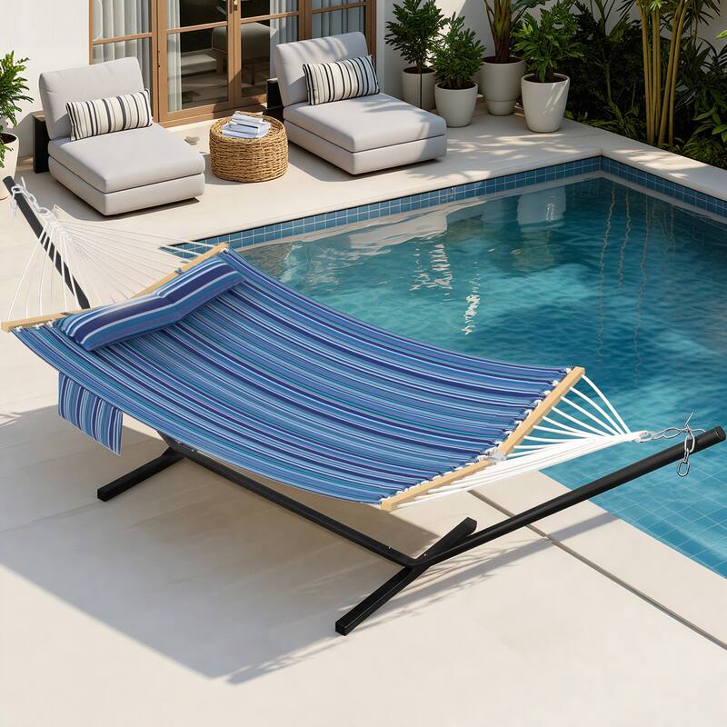 EROMMY Modern Portable Hammock, Hand-Woven Ropes, Anti-Tipping Design for Backyards, Beaches & Campsites - With Stand - Blue Stripes