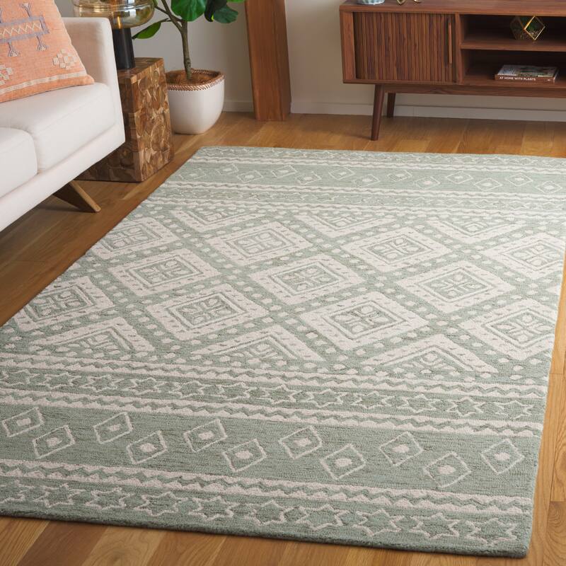 SAFAVIEH Handmade Micro-Loop Kobie Wool Rug - 5' Square - Sage/Ivory
