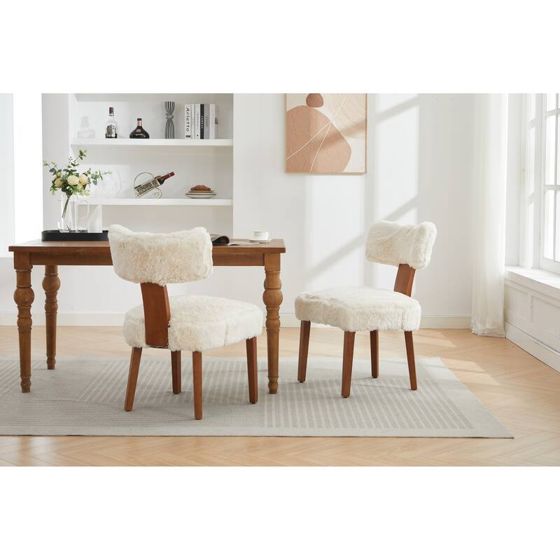 Dining Chairs Set of 2, Fur Fabric Armless Chairs with Curved Wingback and Solid Wood Legs for Dining Room