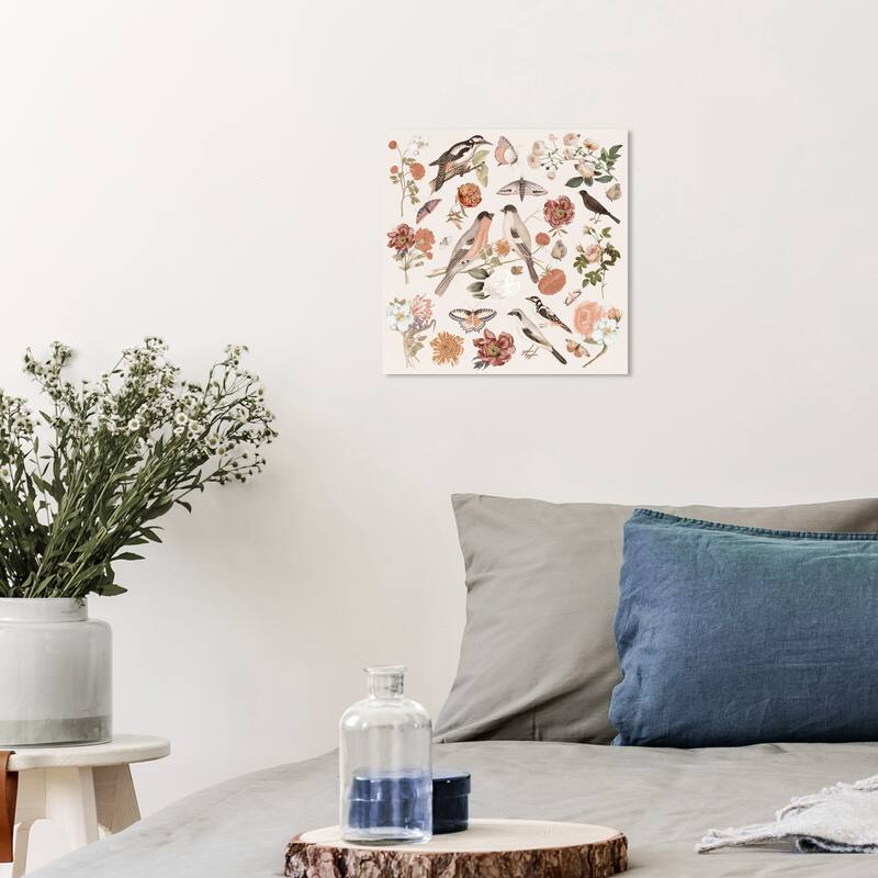 Wynwood Studio Canvas Floral and Botanical Bird Sighting IV Pink and Light Pink Farmhouse Wall Art Canvas Print - Pink, White - 12 x 12