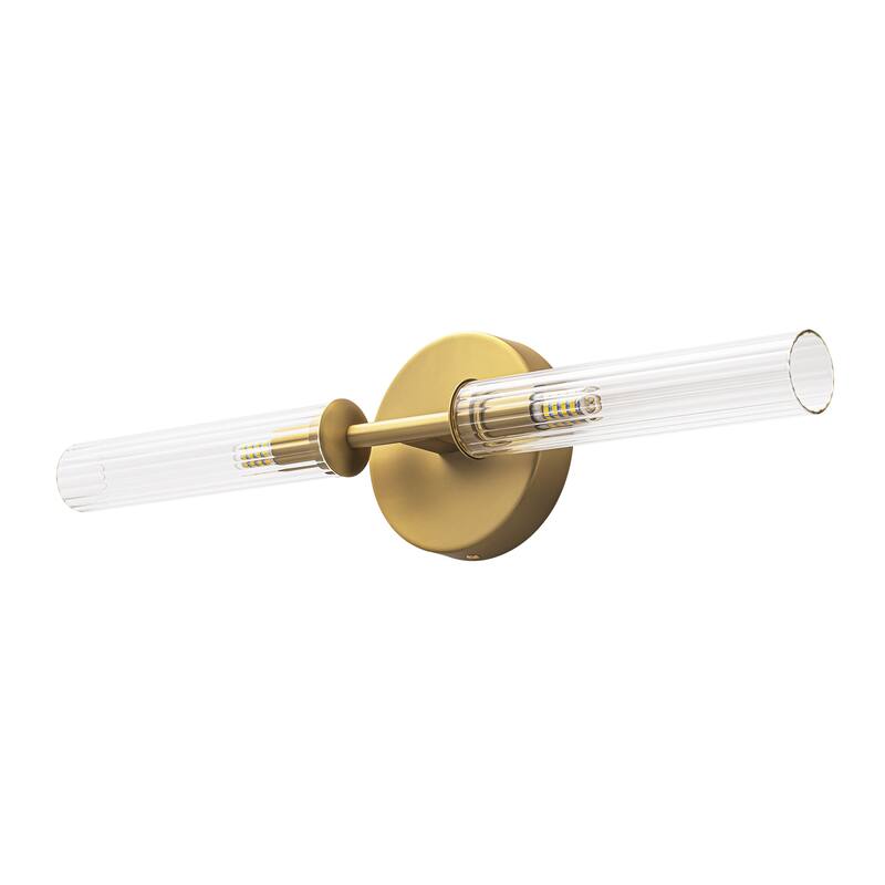 2-Light Mid-Century Modern Brushed Gold/Matte Black Finish Linear Vanity Light with Clear Striped Glass for Bathroom