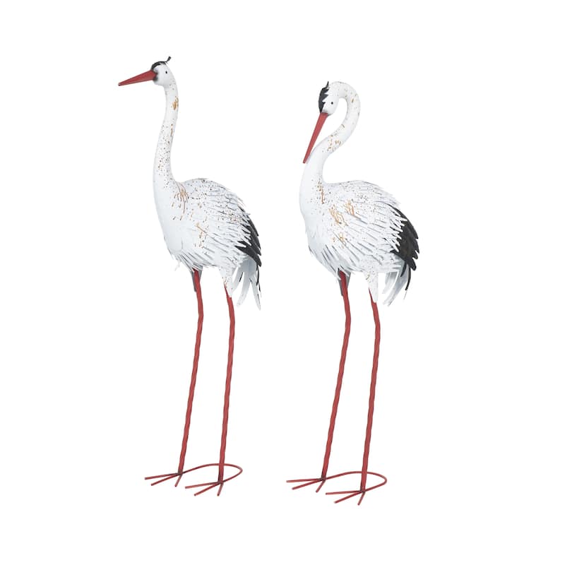 Metal Crane Tall Decorative Garden Sculpture with Brown Speckled Texture and Red Accents - Set of 2 White - Roche River Decor