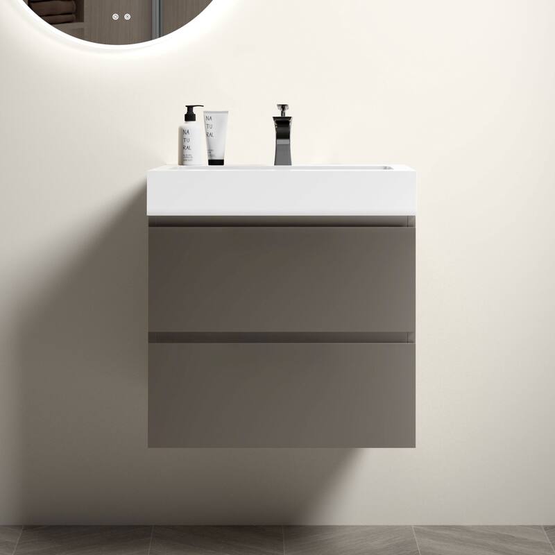 30" Wall-Mounted Bathroom Vanity with Double Door Storage, Solid Wood Frame, Space-Saving Design, Anti-Scratch Floor Mat - 24in L Particle Board - Gray