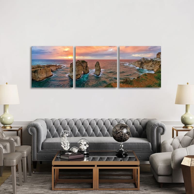 iCanvas "Sunset at the Raouche Coast, Beirut, Lebanon" by Panoramic Images 3-Piece Canvas Wall Art Set - 30x90x1.5