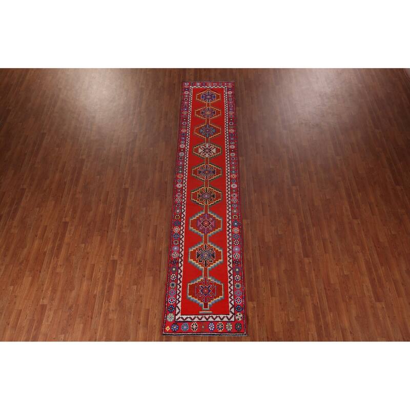 Red Geometric Anatolian Turkish Runner Rug Handmade Silk Carpet - 2'9"x 12'11"
