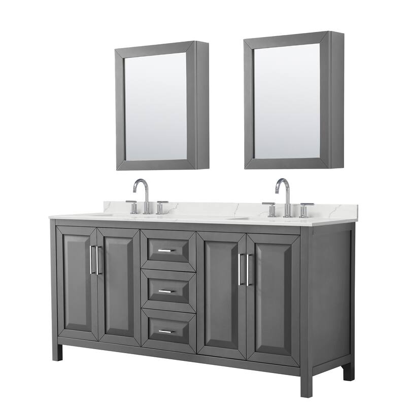Daria 72-inch Double Vanity, 3 Hole Quartz Top, Med Cabinets - Dark Gray, Chrome Trim, Giotto Quartz Top