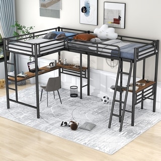 L-Shaped Twin Size Metal Loft Bed with Dual Built-In Desks