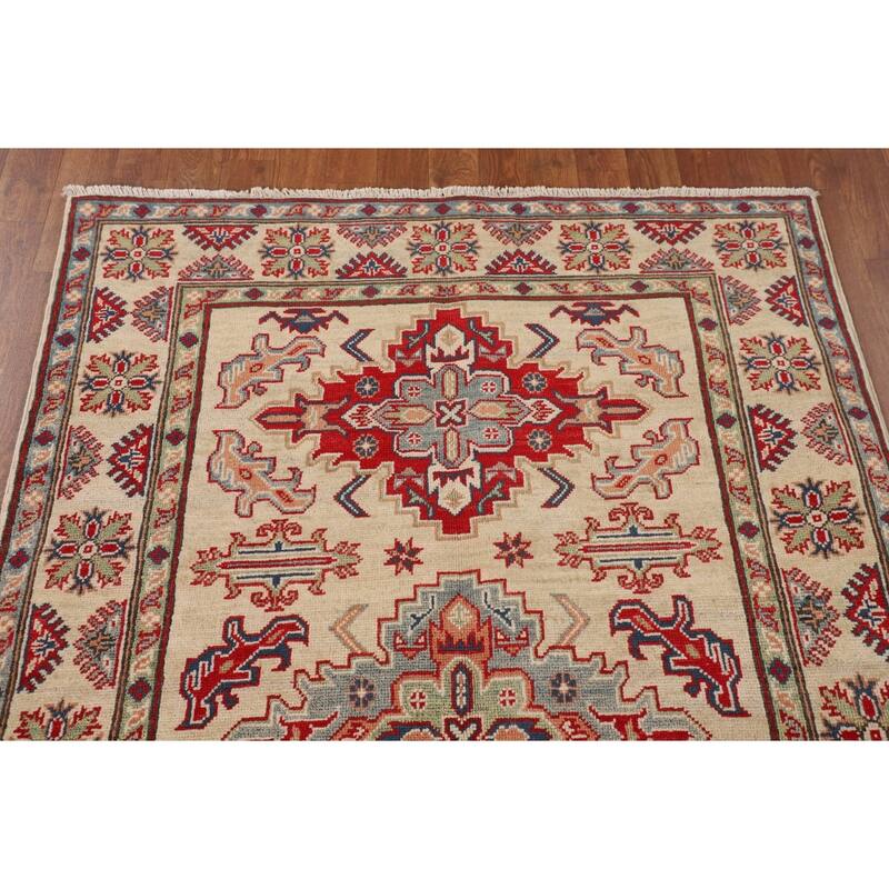 Geometric Beige Kazak Area Rug Handmade Oriental Wool Carpet - 3'11" x 5'10"