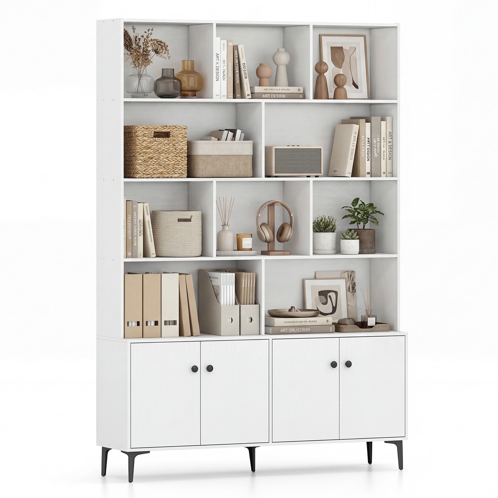 Gymax Bookshelf w/ Doors 5-Tier Floor Standing Bookcase w/ 2