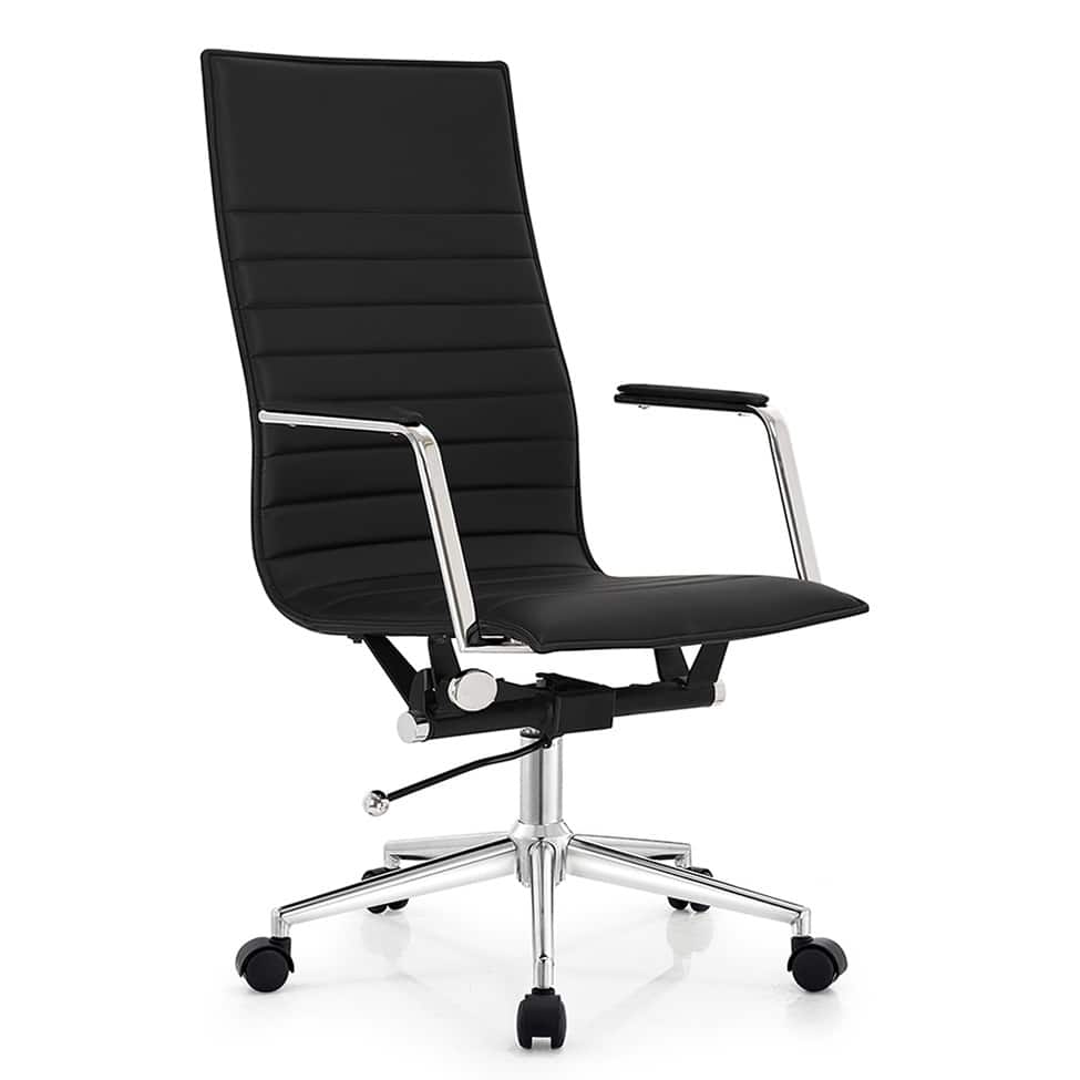 High-Back Desk Office Chair, Ribbed PU Leather Ergonomic Swivel Chair with Arms & Wheels, Adjustable Rolling Computer Desk Chair
