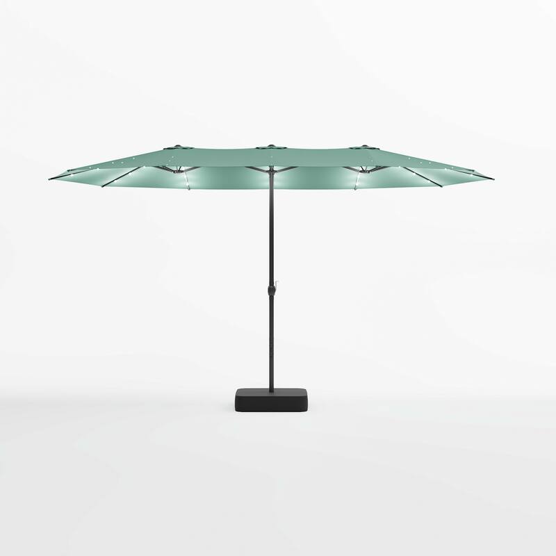 15ft Solar LED Double Patio Umbrella with Base, Extra Large Twin Outdoor Market Umbrella with 36 Lights, 180g Polyester Canopy