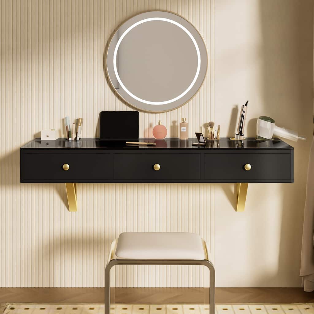Floating Vanity Desk with Glass Top & Drawers, Wall Mounted Makeup Vanity Desk, Dressing Table with Tablet Holder