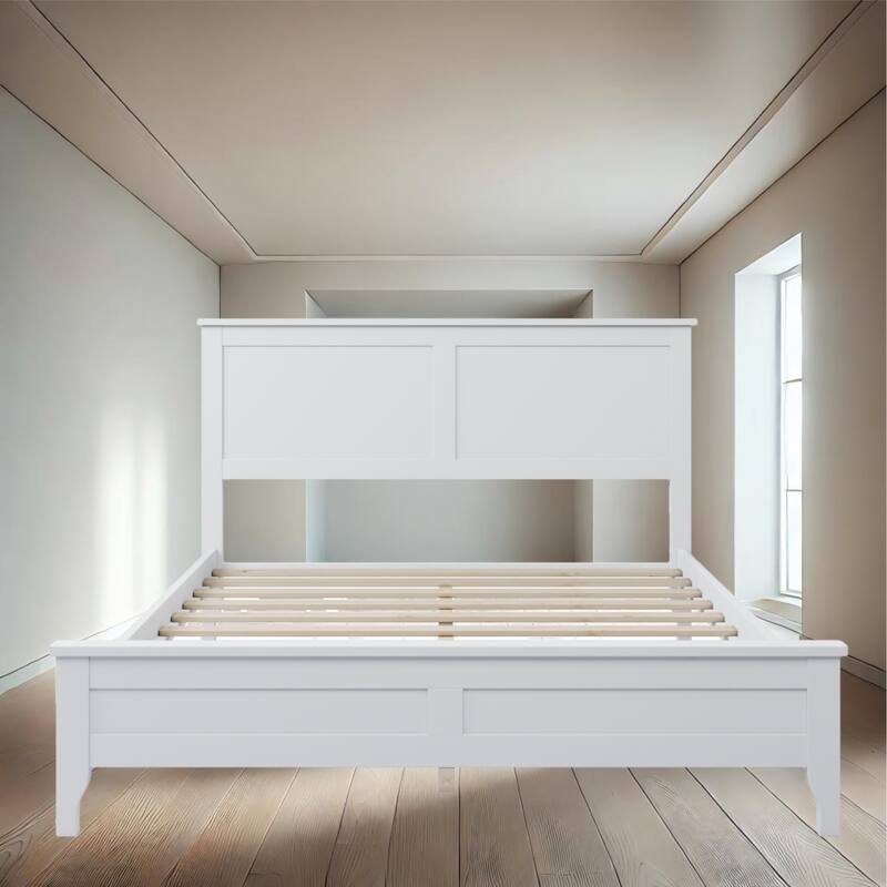 Durable Pine Wood Platform Bed with Slat Design Headboard, Full, Queen, King Options - White - Full