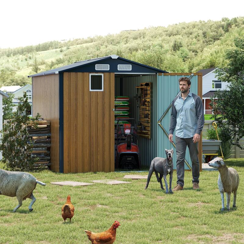 6x8FT Outdoor Steel Storage Shed with Clear Window, Lockable Doors, Compact Metal Tool Shed for Garden - Yellow
