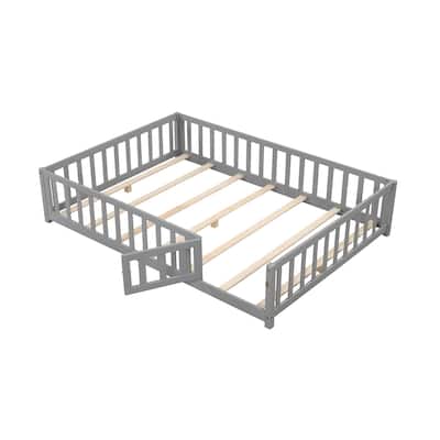Montessori Floor Bed Frame with Full-length Guardrails Safety Door and Plywood Slats